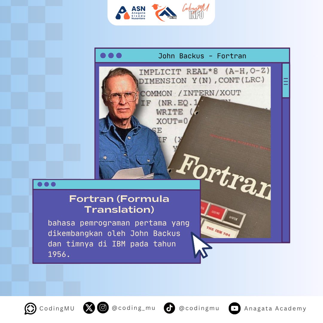 coding_mu's tweet image. Duluan siapa? Java, Python, atau… 🤔

Eits, bukan! ternyata ada yang jauh lebih dulu 👀

#AnagataAcademy #ASN #CodingMU #funfact #trivia #fortran #johnbackus #coding #fakta #programming #belajar #teknologi #digital