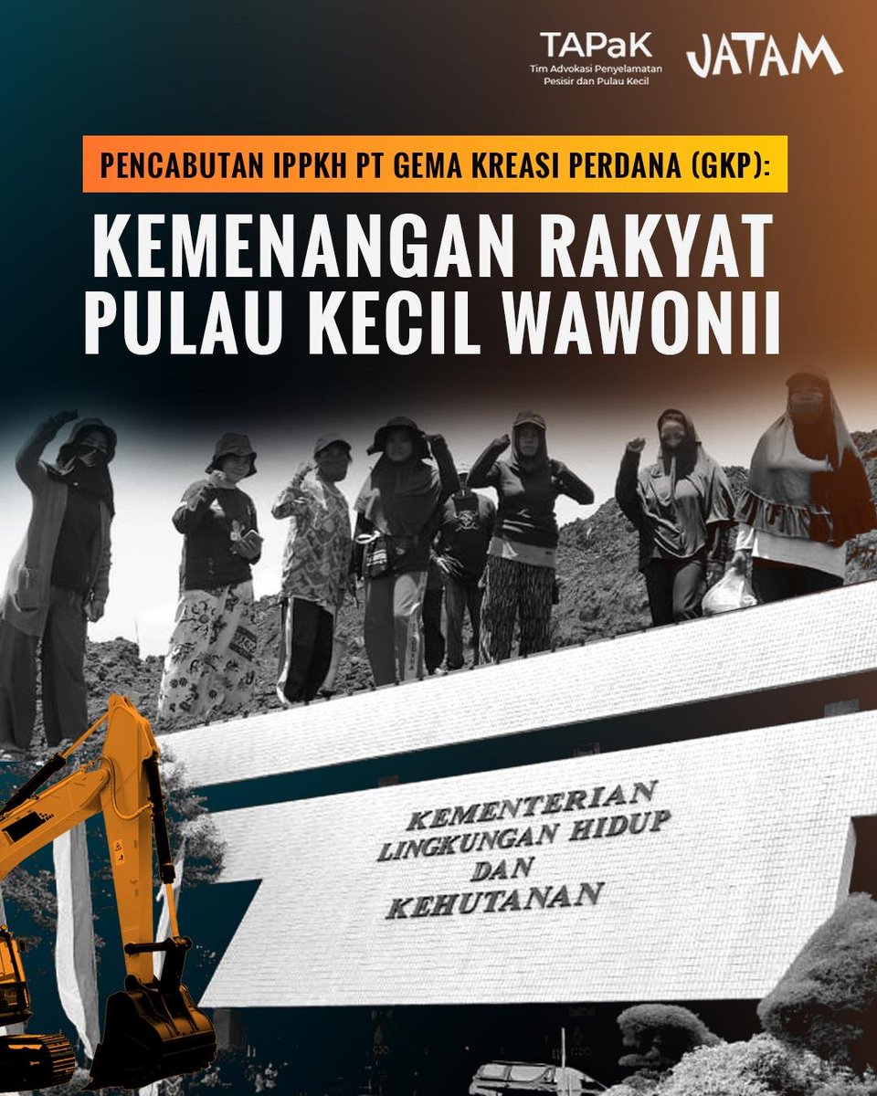 Pencabutan IPPKH GKP di Wawonii

Setelah menang Kasasi di MA pada 7/10/24, Menhut baru mencabut IPPKH PT GKP (Harita Grup) pada Juni 2025

Pencabutan ini membatalkan SK.576/Menhut-II/2014, sehingga kawasan hutan di Wawonii tidak boleh dipakai untuk tambang jatam.org/lengkap.php?sl…