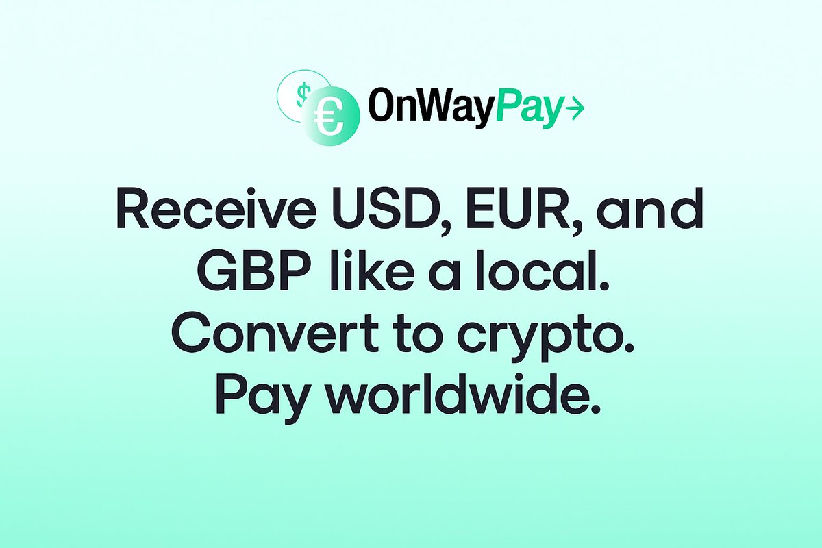 OnWayPay's tweet photo. π³ Get paid in USD.
π± Convert to USDC.
π Pay anyone, anywhere β in their local bank account.
No borders. No friction.
This is how global money should move.
π https://t.co/IkmeSMUBz8
#fintech #crypto #stablecoins #globalpayments #onwaypay https://t.co/65HWvisxkt