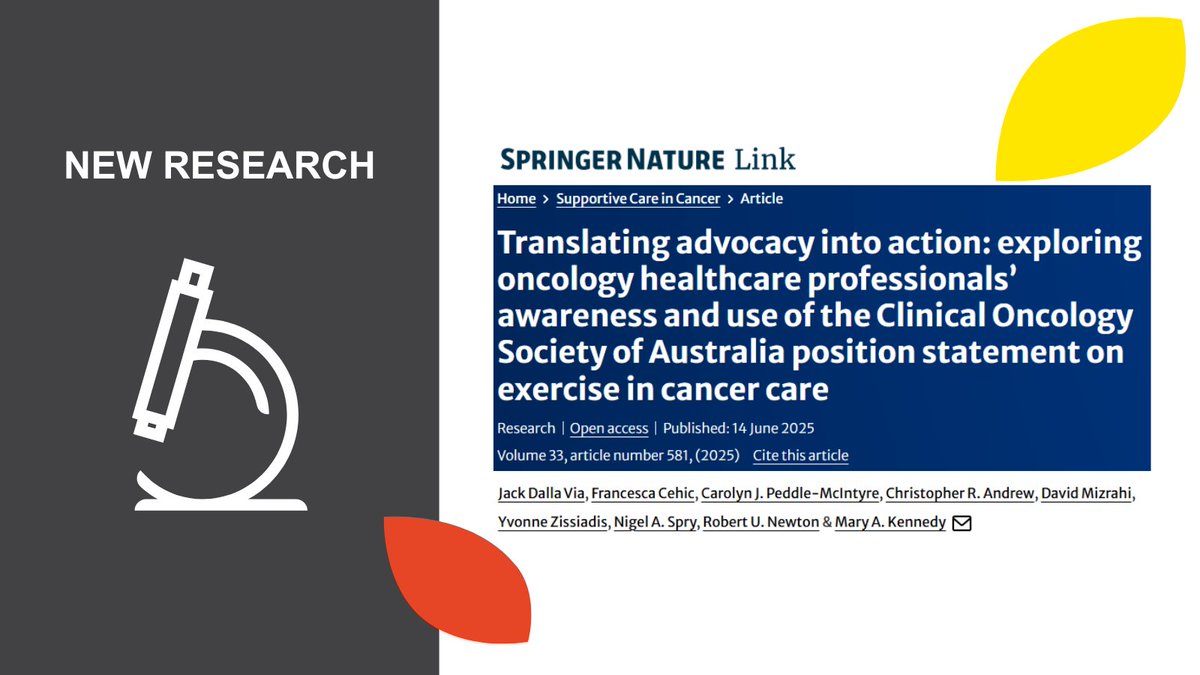The Daffodil Centre (@daffodilcentre) on Twitter photo NEW RESEARCH🔬| Most oncology professionals support <a href="/COSAoncology/">COSA</a> exercise guidelines - but few apply them in practice. Targeted strategies are needed to bridge this gap.
READ MORE🔗 doi.org/10.1007/s00520…
✍️ <a href="/JackDallaVia/">Dr Jack Dalla Via</a> | <a href="/CarolynPeddle/">Carolyn Peddle-McIntyre</a> | <a href="/davemiz_EP/">David Mizrahi, PhD</a> | <a href="/yziss8/">Yvonne zissiadis</a> | NEW RESEARCH🔬| Most oncology professionals support <a href="/COSAoncology/">COSA</a> exercise guidelines - but few apply them in practice. Targeted strategies are needed to bridge this gap.
READ MORE🔗 doi.org/10.1007/s00520…
✍️ <a href="/JackDallaVia/">Dr Jack Dalla Via</a> | <a href="/CarolynPeddle/">Carolyn Peddle-McIntyre</a> | <a href="/davemiz_EP/">David Mizrahi, PhD</a> | <a href="/yziss8/">Yvonne zissiadis</a> |