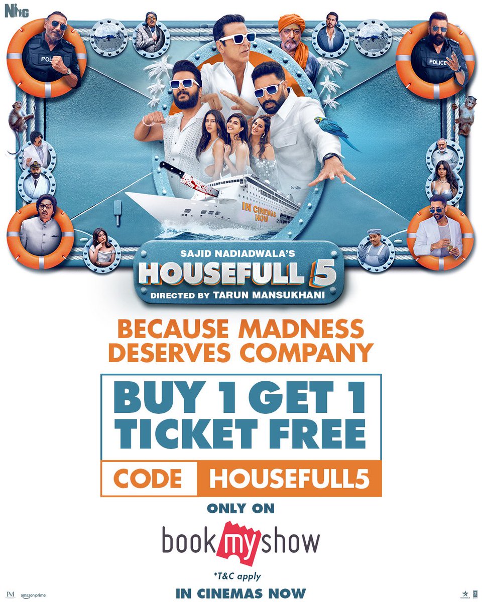 Nadiadwala Grandson (@ngemovies) on Twitter photo The madness is better when shared! ♥️🙌🏻
Use code HOUSEFULL5 on <a href="/bookmyshow/">BookMyShow</a> and unlock your Buy 1 Get 1 FREE offer now!
Watch #Housefull5 in cinemas near you! Book your tickets Now! 🎟️
bookmy.show/Housefull5
#SajidNadiadwala’s #Housefull5
Directed by <a href="/Tarunmansukhani/">Tarun Mansukhani</a> The madness is better when shared! ♥️🙌🏻
Use code HOUSEFULL5 on <a href="/bookmyshow/">BookMyShow</a> and unlock your Buy 1 Get 1 FREE offer now!
Watch #Housefull5 in cinemas near you! Book your tickets Now! 🎟️
bookmy.show/Housefull5
#SajidNadiadwala’s #Housefull5
Directed by <a href="/Tarunmansukhani/">Tarun Mansukhani</a>