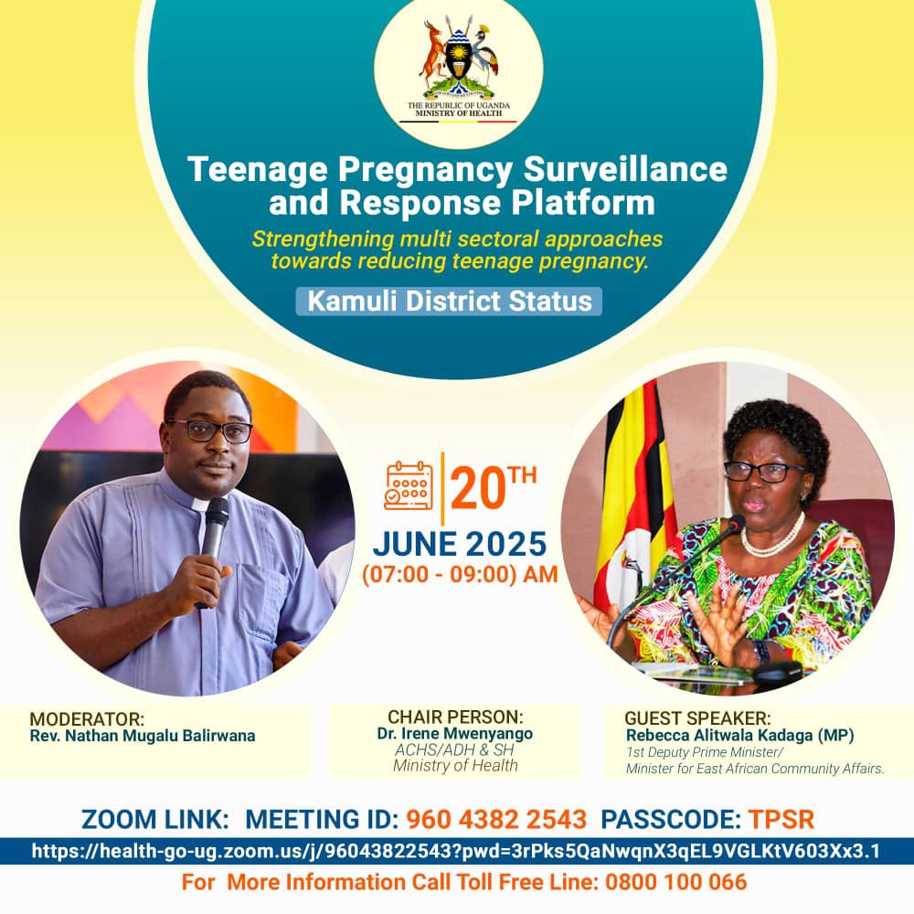 Rev.Nathan Balirwana Mugalu (@mugalunathan) on Twitter photo We are having the Teenage Pregnancy Surveillance Response Meeting for Kamuli District. We are delighted to among others host <a href="/RebeccaKadagaUG/">Rebecca Alitwala Kadaga</a> for this discussion
Join us
*health-go-ug.zoom.us/j/96043822543?ā¦*
Passcode. TPSR We are having the Teenage Pregnancy Surveillance Response Meeting for Kamuli District. We are delighted to among others host <a href="/RebeccaKadagaUG/">Rebecca Alitwala Kadaga</a> for this discussion
Join us
*health-go-ug.zoom.us/j/96043822543?ā¦*
Passcode. TPSR