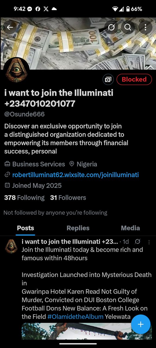 Christapher (@cl18283552) on Twitter photo This is garbage all scammers are garbage don't follow this trash toss it out like rotten fruit.. block and reportβ οΈ <a href="/Osunde666/">i want to join the Illuminati +2347010201077</a> <a href="/ILLUMINATIAM/">Illuminatiam β</a> This is garbage all scammers are garbage don't follow this trash toss it out like rotten fruit.. block and reportβ οΈ <a href="/Osunde666/">i want to join the Illuminati +2347010201077</a> <a href="/ILLUMINATIAM/">Illuminatiam β</a>