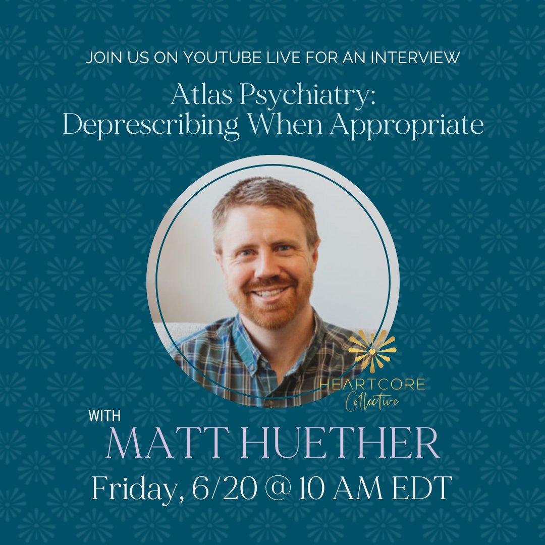 Please join us on YouTube Live today at 10 AM EDT for an interview with Matt Huether of Atlas Psychiatry. 

You can RSVP to the Facebook event here: facebook.com/share/19Ffw4ZS… 

#deprescribing #tapering #MentalHealthAwareness #psychiatry