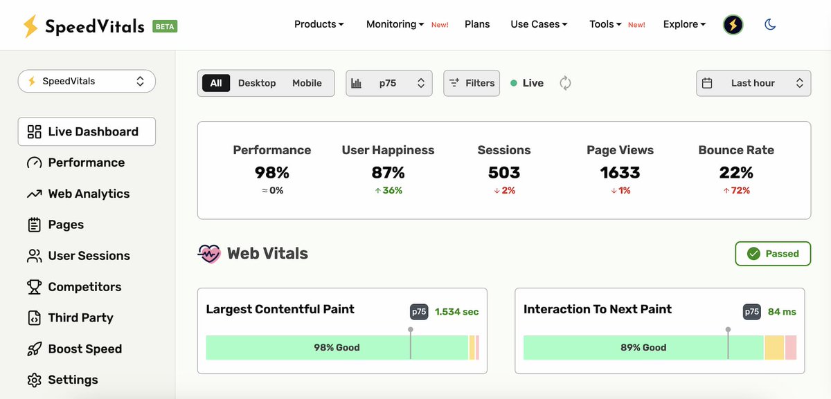 Our team at SpeedVitals is thrilled to announce the public beta of our Real User Monitoring (RUM)! 🎉

This is a major milestone in our mission to deliver deeper, real-world performance insights.

Try it out for free: speedvitals.com/real-user-moni…