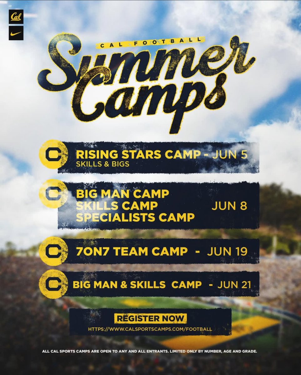 I will be attending the skills camp at CAL this weekend June 21st!!!

<a href="/Coach_MikeBruno/">Michael Bruno</a> <a href="/Coach_Sooto/">Vic So'oto</a> <a href="/BenjiPalu_Cal/">Benji Palu</a> <a href="/CalFootball/">Cal Football</a>