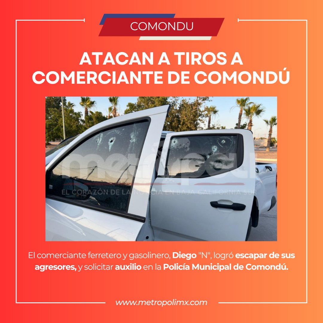 metropolimxbcs's tweet photo. #Comondu: En plena gira del gobernador de Baja California Sur, Víctor Manuel Castro Cosío por Comondú, un conocido comerciante identificado como Diego “N”, fue atacado a tiros esta tarde, cuando circulaba a bordo de su camioneta pick up color blanco de modelo reciente.
AQUI, puedes leer el reporte completo
https://t.co/EWESJwMNnr
.
.
.
#Violencia #Balacera #CiudadConstitucion #BCSNosUne