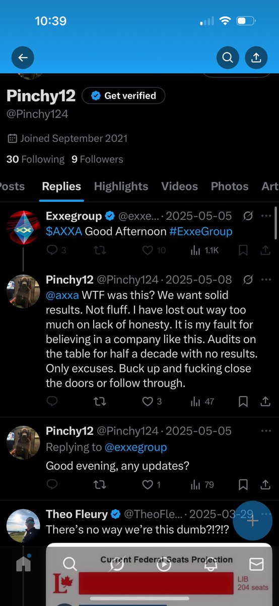 Pinchy124's tweet photo. $axxa @exxegroup Why the block? I apologized for saying “wtf” while sharing my % loss. I trusted your words, averaged down, and still took a hit. Call you out, and you block me? Seems immature. #investing #stocks https://t.co/lLo8ar2UCj