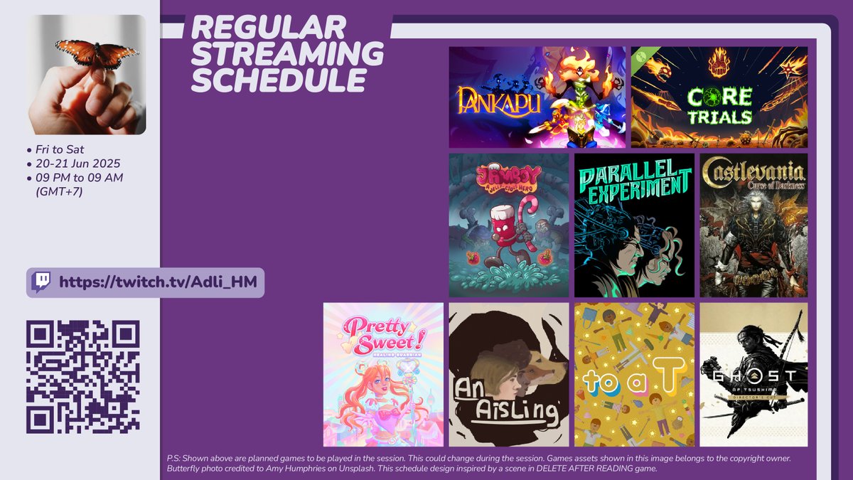 And:

..., Pretty Sweet! Healing Guardian (<a href="/berrylemonadev/">erika 🍋 Pretty Sweet! Healing Guardian OUT NOW</a>), to a T, Jamboy, a Jelly-Cious Hero (<a href="/NakamaGS/">Nakama Game Studio - Jamboy🍓</a>), An Aisling (Club Cotton Games).

Catch me live at twitch.tv/Adli_HM :) Thx

*subject to change
- Tweet 2/2