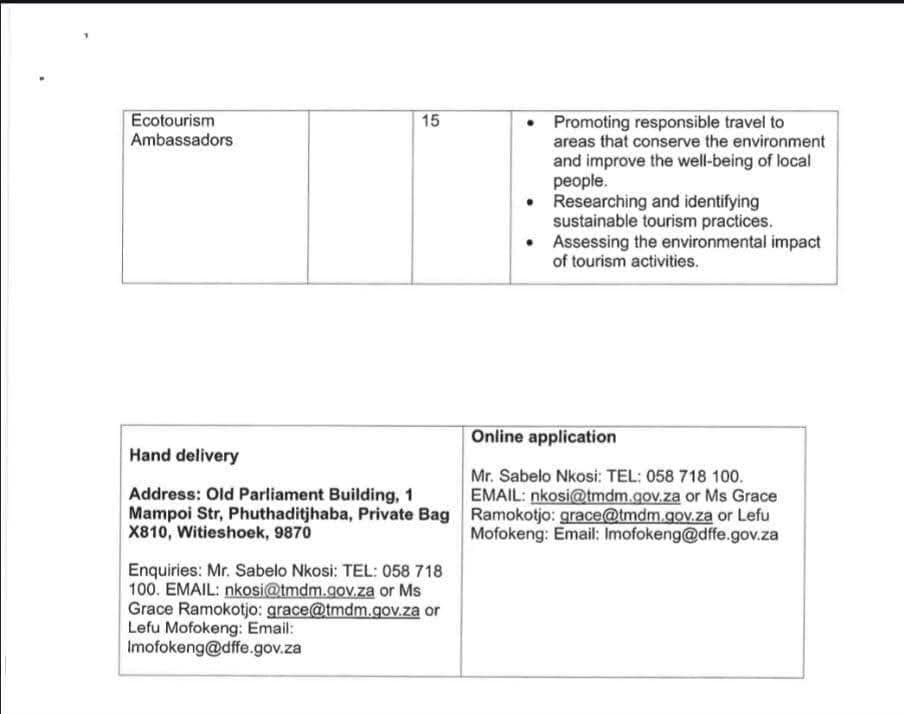 #TeamTMDM 👷‍♀️👷‍♂️Thabo Mofutsanyana District Municipality in partnership with Department of Forestry, Fisheries and the Environment (DFFE), hereby invite qualifying incumbents to apply for the internship programme below 👇 
#districtthatworksforall #G20  #YouthMonth2025