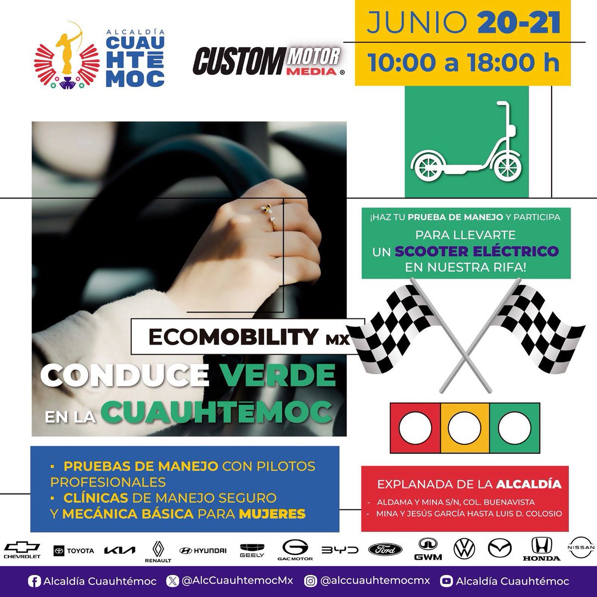 🚗💚 ¡Este 20 y 21 de junio, Conduce Verde en la Cuauhtémoc!
Pruebas de manejo, clínicas de conducción segura y ¡rifa de un scooter eléctrico! 🛴⚡

📍 Explanada de la Alcaldía
🕙 10:00 a 18:00 h
#EcomobilityMX #MovilidadSustentable #Cuauhtémoc