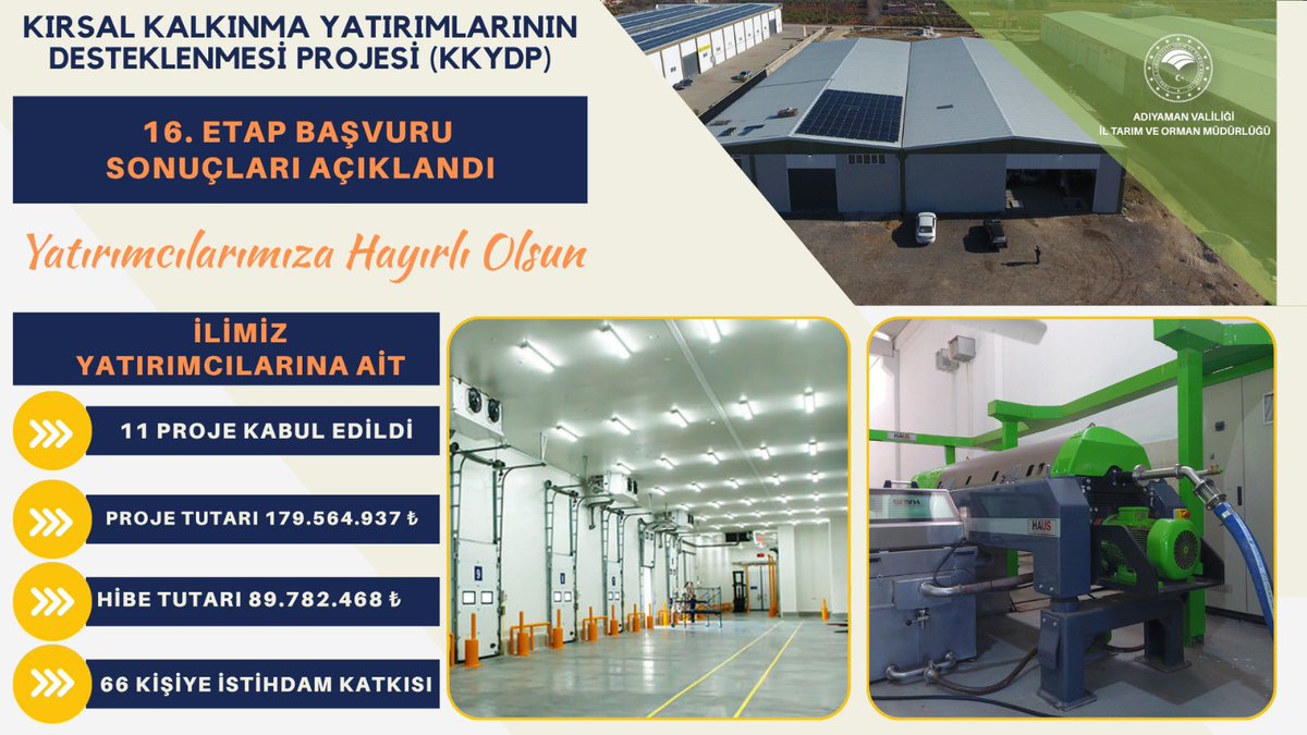 📢 Tarım ve Orman Bakanlığımızın KKYDP 16. Etap sonuçları açıklandı.

Adıyaman’ımızdan 11 proje destek almaya hak kazandı.
📌 Toplam proje tutarı: 179,5 milyon TL
📌 Hibe desteği: 89,7 milyon TL
📌 66 kişiye istihdam sağlanacak.

Türkiye Yüzyılı Tarım Vizyonu doğrultusunda:
🌱