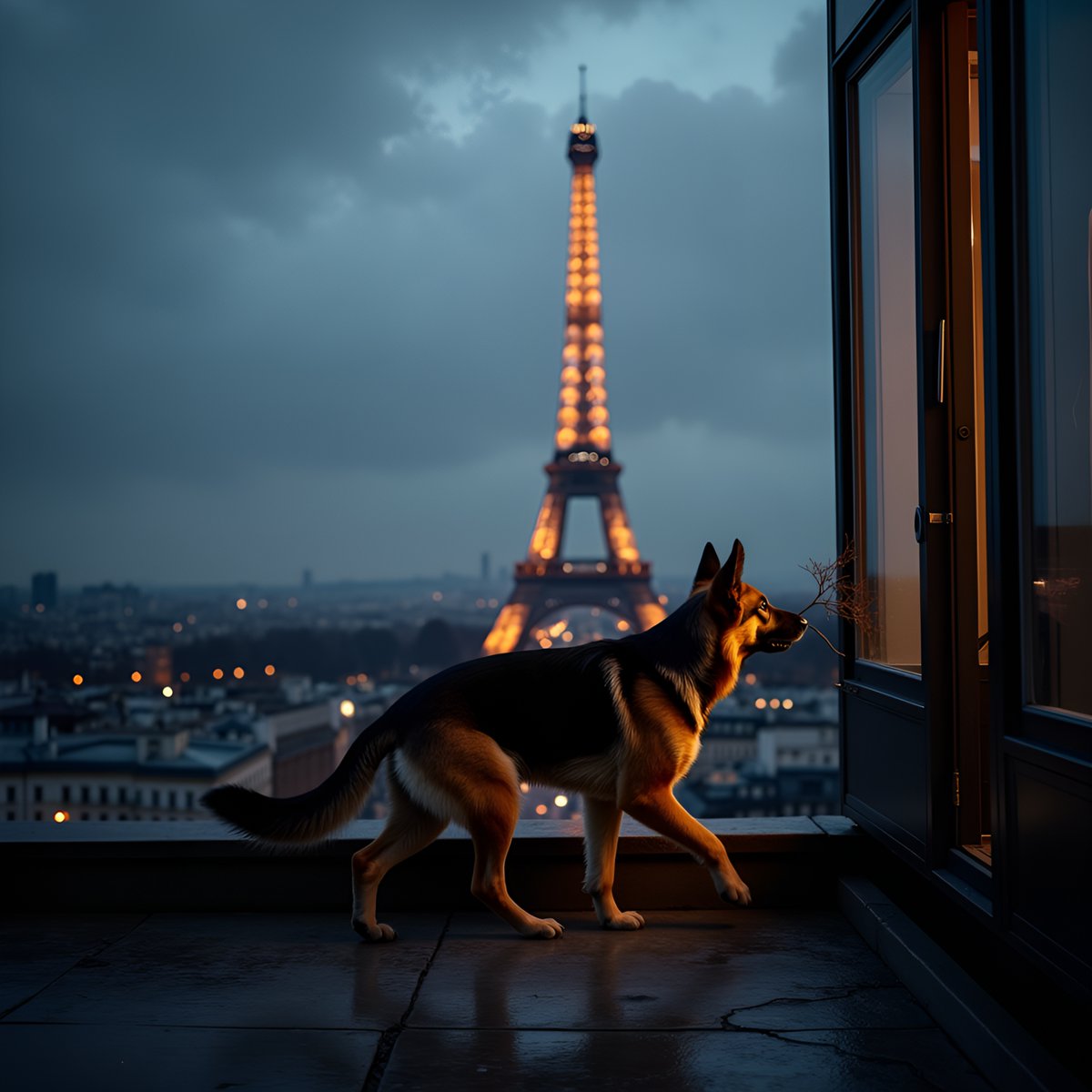 PromptSin's tweet photo. 🐾 City lights &amp; dreams: a pup gazes at Paris skyline 🌃✨ #NightVibes #ParisOpen} https://t.co/5R6NrhyAxV