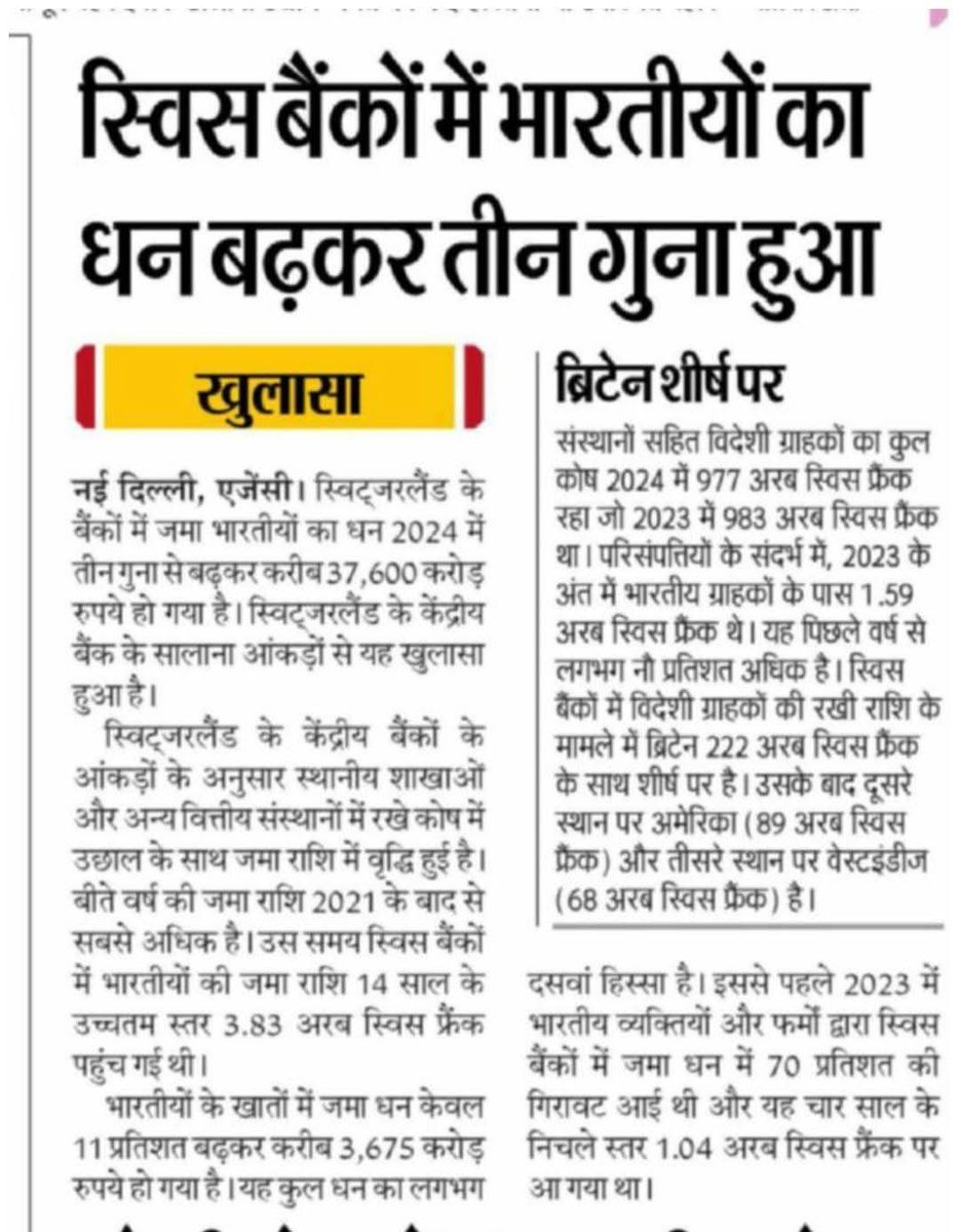 स्विस बैंकों में भारतीयों का धन बढ़कर तीन गुना हुआ