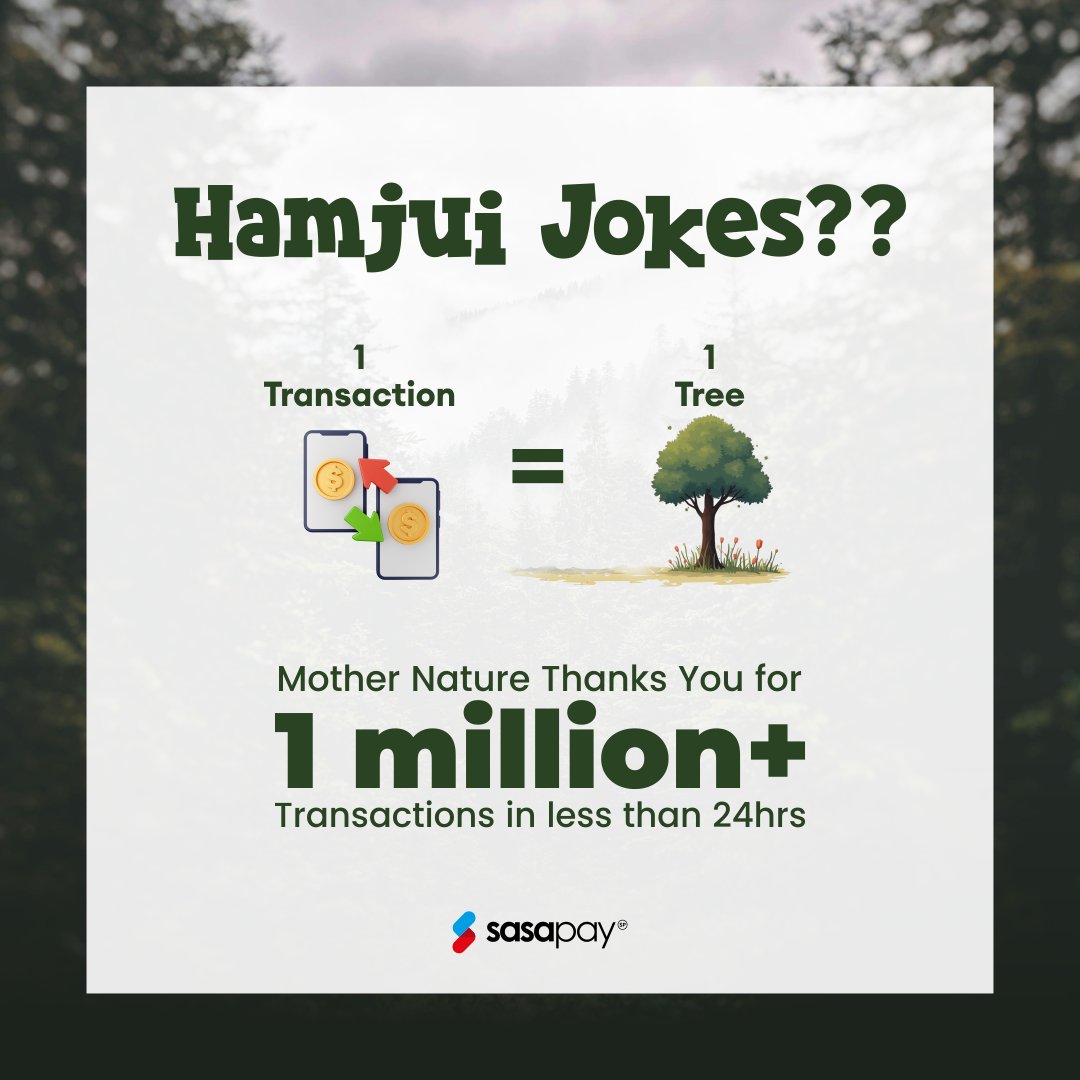 Over 1 million transactions in less than a day!
Each one brought us a step closer to a greener future.

We’re truly grateful to everyone who chose SasaPay, from shoppers to business owners, students to parents and everyone in between.

While planting 1 million trees in one go may