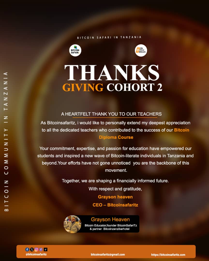 BitcoinSafariTzEducation (@bitcoinsafaritz) on Twitter photo Hello 👋 Bitcoiners & Everyone,
The entire <a href="/BitcoinSafariTZ/">BitcoinSafariCompany & Education Program</a> Team and Community would love to express our heartfelt appreciation to all the dedicated educators and tutors who stood with us from Day 1 throughout the 2nd Cohort of the Bitcoin Diploma Course. Your time, support, Hello 👋 Bitcoiners & Everyone,
The entire <a href="/BitcoinSafariTZ/">BitcoinSafariCompany & Education Program</a> Team and Community would love to express our heartfelt appreciation to all the dedicated educators and tutors who stood with us from Day 1 throughout the 2nd Cohort of the Bitcoin Diploma Course. Your time, support,