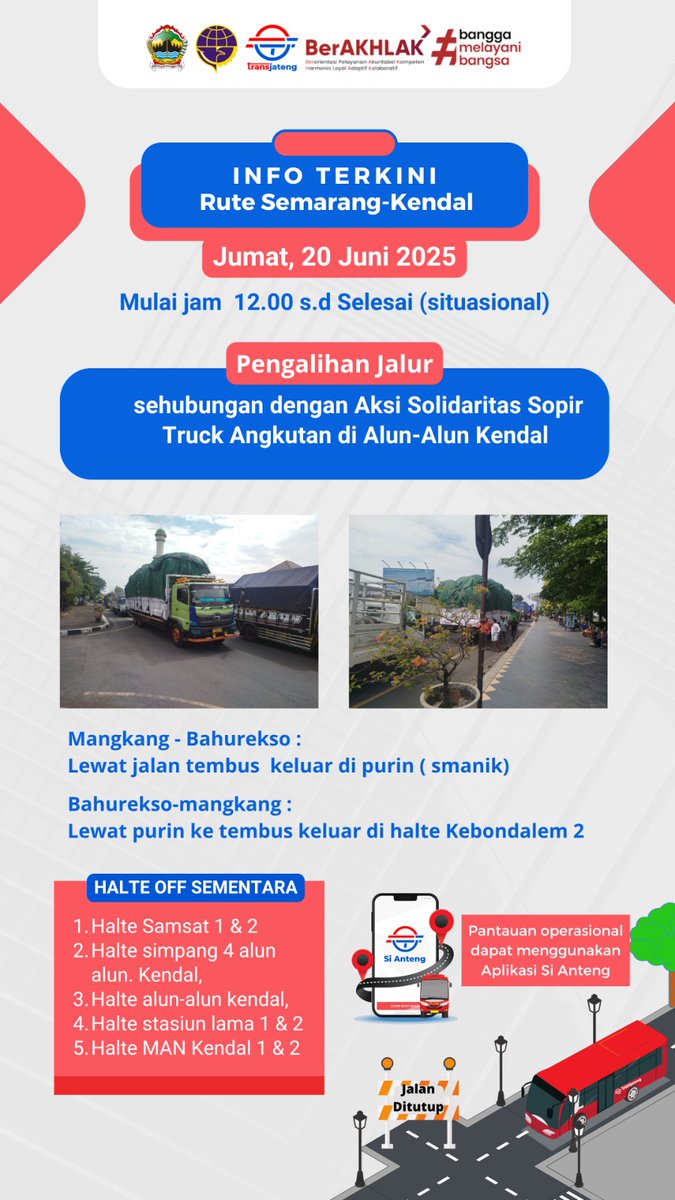 🚧 Info Pengalihan Jalur Sementara
Jumat, 20 Juni 2025 | Rute Semarang–Kendal.
Cek rincian halte off dan jalur via aplikasi Si Anteng ya!

<a href="/perhubunganjtg/">Perhubungan Jateng</a> 
<a href="/kominfo_jtg/">Kominfo Jateng</a>