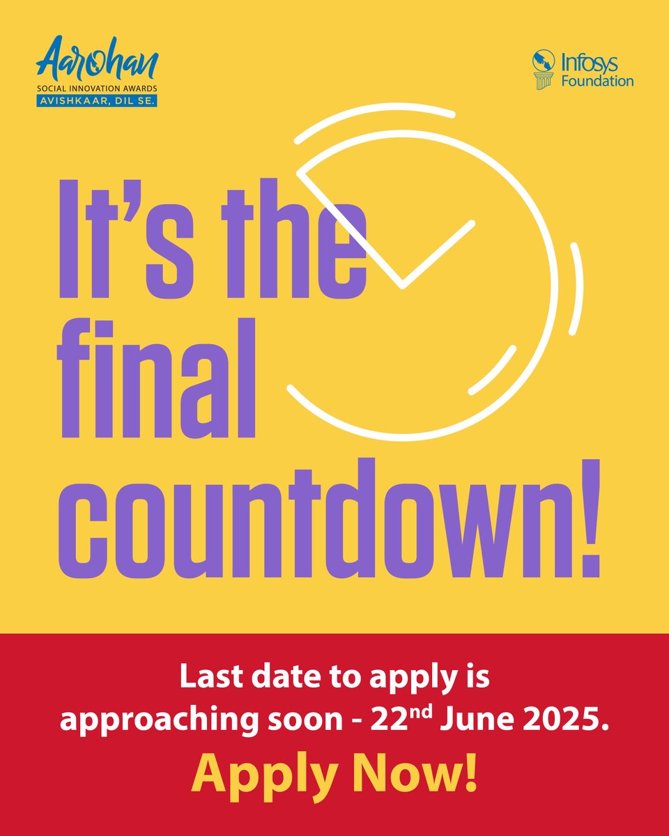 We're getting closer and closer to the admissions deadline for Aarohan Social Innovation Awards 2025. Complete and submit your entry now! Apply now: infy.com/3ZtDYu5

#InfosysFoundation #AarohanAwards #SocialInnovation #Education #Healthcare #EnvironmentalSustainability