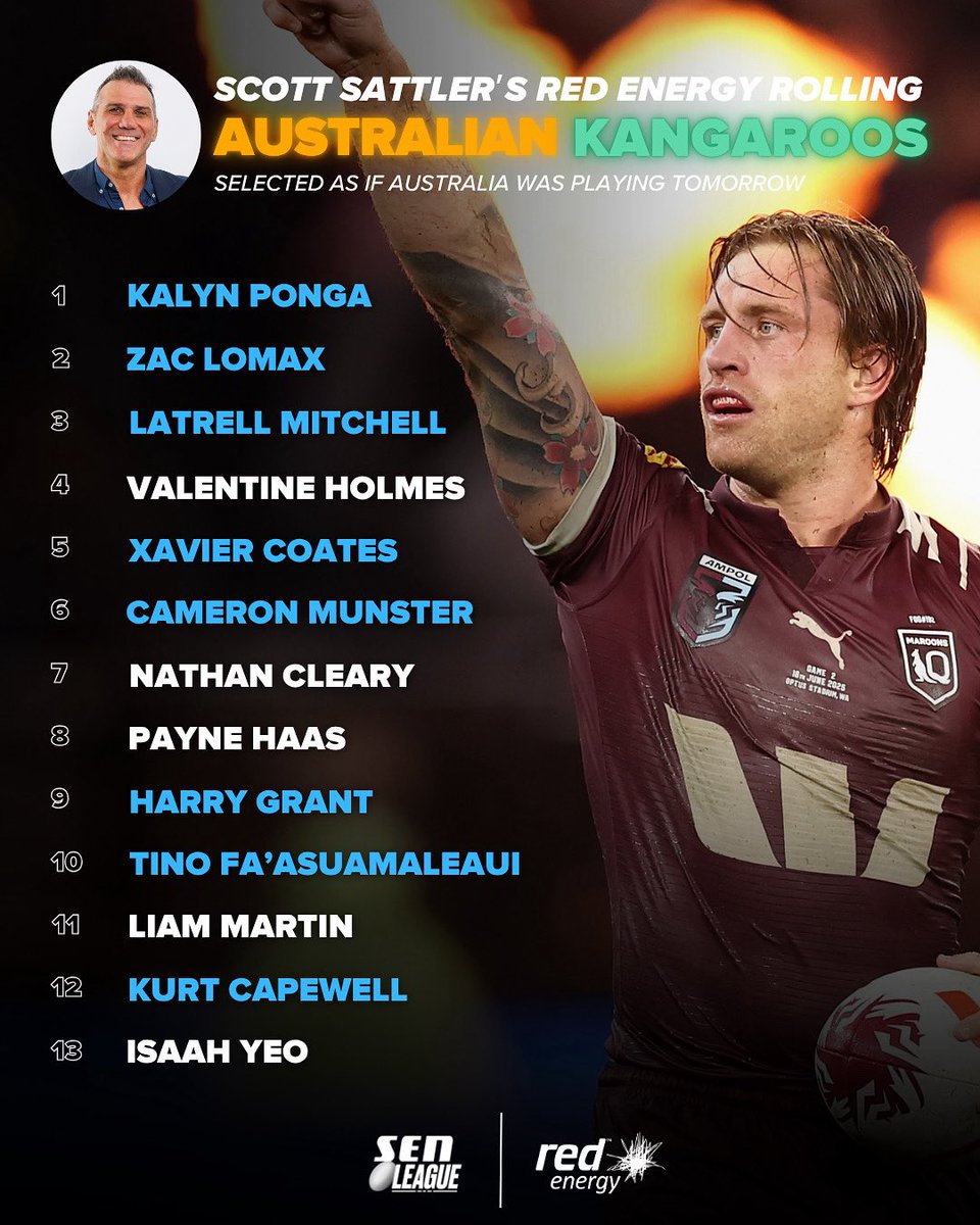 Sportsday with Scott Sattler & Mat Rogers (@sattsratsen) on Twitter photo After Origin II, here’s how Satts’s Rolling Australian squad is shaping up!
Players who are injured or suspended are ineligible for the side that week. Players selected may opt for different sides but are eligible.
What changes would you make?!
#NRL | <a href="/RedEnergyAU/">Red Energy</a> After Origin II, here’s how Satts’s Rolling Australian squad is shaping up!
Players who are injured or suspended are ineligible for the side that week. Players selected may opt for different sides but are eligible.
What changes would you make?!
#NRL | <a href="/RedEnergyAU/">Red Energy</a>