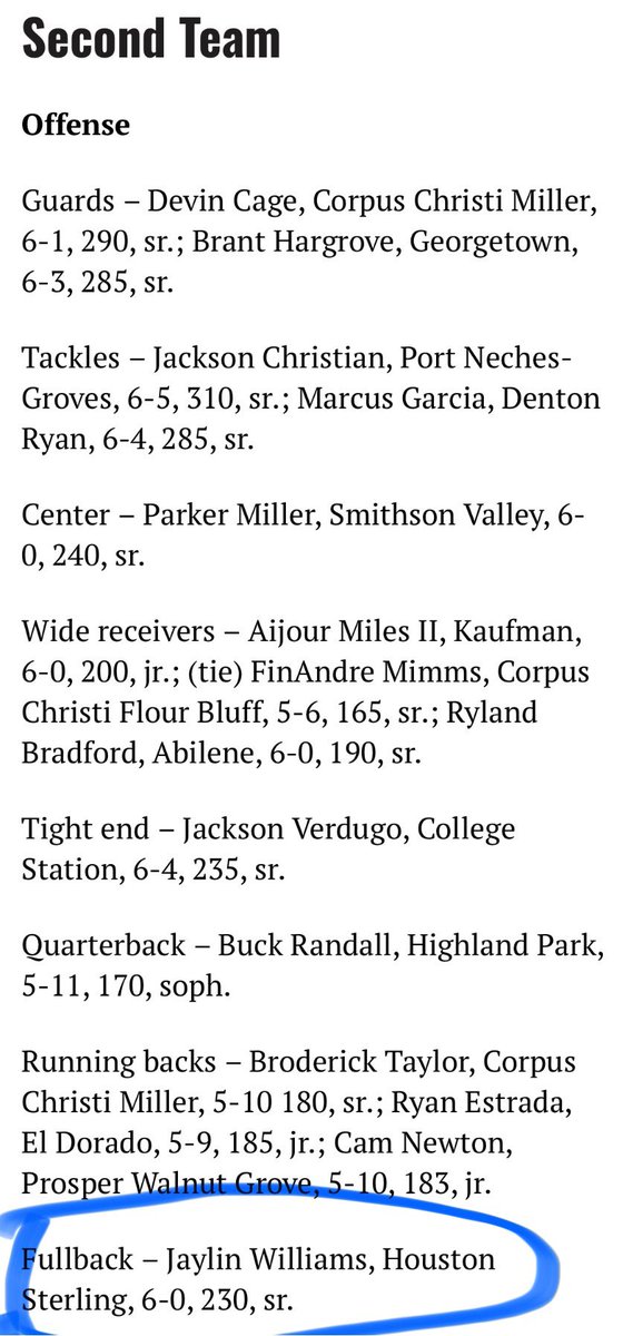 Please forgive me for being tardy to the party but I’m proud to announce that <a href="/JaylinW32/">Jaylin Williams</a> from <a href="/HouSterlingFB/">Sterling Raiders FB</a> was named to the 2024 Texas Sports Writers All-State Team as 2nd Team fullback. Very deserving. Blocked his tail off, never asked for the ball, total team player. #WEOWE