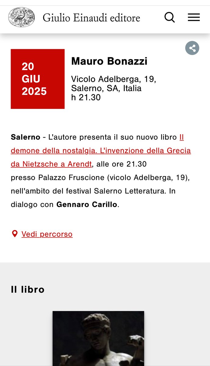 presentazione de Il demone della nostalgia, quest sera al Festival letteratura di Salerno
<a href="/Einaudieditore/">Einaudi editore</a>