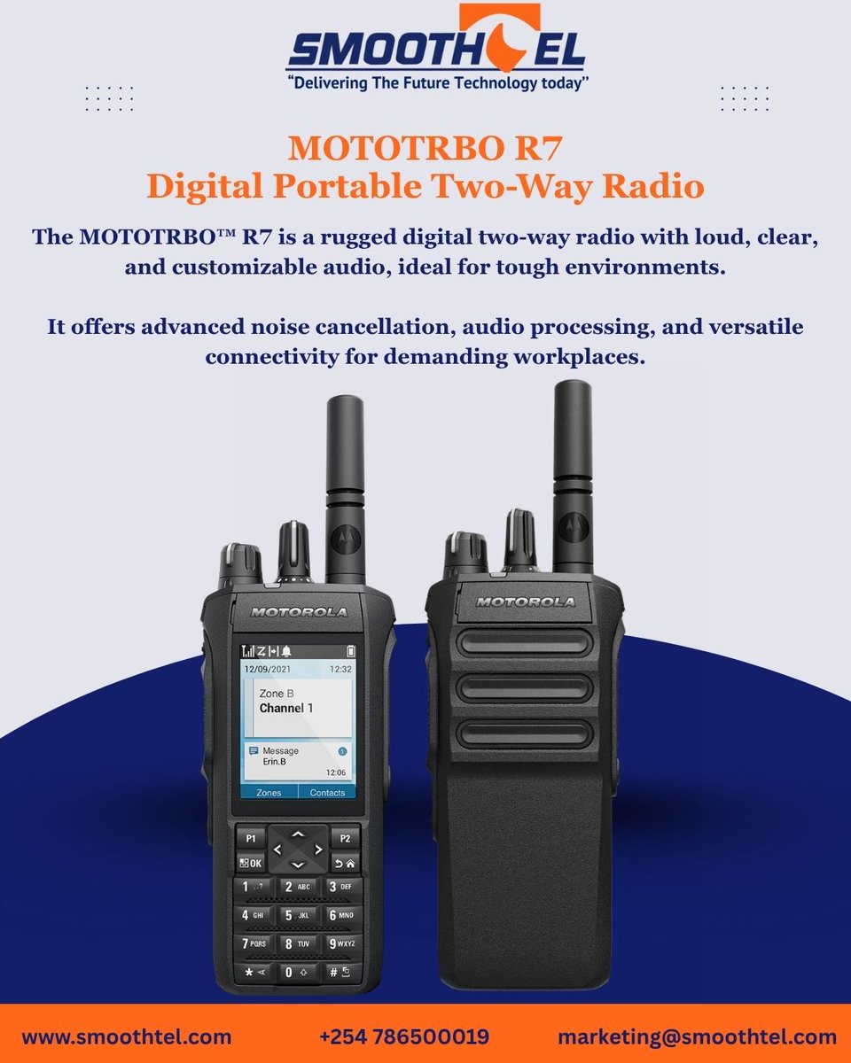 Smoothtel's tweet photo. Meet the MOTOTRBO R7 — Clear audio. Built for the toughest jobs.
Stay connected in any environment with Smoothtel & Data Solutions Ltd.
📞 0786 500 019 | WhatsApp +254 786 500 038
🌐 https://t.co/n2MJIackKi
#MOTOTRBOR7 #Smoothtel #ReliableCommunication #ClearAudioAnywhere https://t.co/pOxcok7QMu