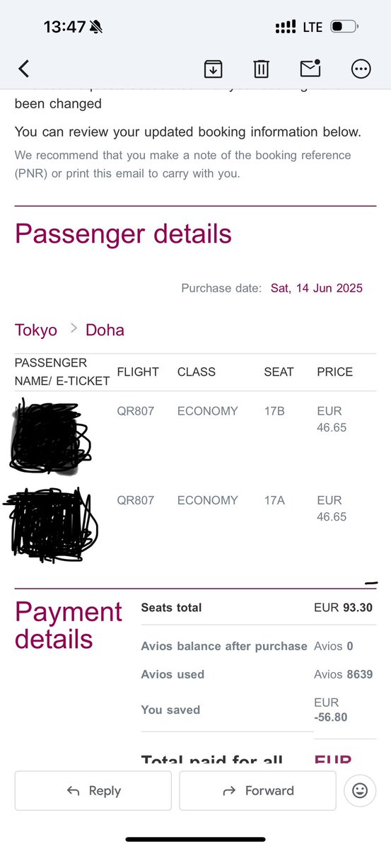 Saturday1313's tweet photo. @qatarairways hey my seat was changed without notifying me. What’s going on I paid for window seats? https://t.co/BA5xJsDcC9