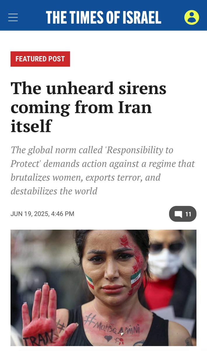 CochavElkayam's tweet photo. “When Hamas launched its massacre against Israel on October 7, slaughtering families, committing sexual atrocities, and taking hostages, it did so with Iranian financing, training, and ideology. The sirens we hear in Tel Aviv are tied to the cries heard in Tehran. The same extremist networks that target Israeli families with missiles are those who imprison teenage girls for daring to remove a headscarf.
The connection is not abstract. It is immediate. It is brutal. And it is undeniable. 
….The question is no longer whether we should act; the question is how long we will wait and how many more will suffer while we do.
This is a moment that demands moral clarity.
Will the world answer?״

My op-ed @TimesofIsrael 👇
#StandForWomen #HumanRights @AlinejadMasih