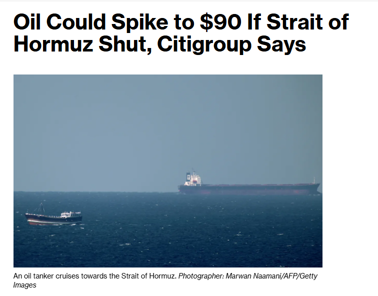 clashreport's tweet photo. Oil Could Briefly Hit $90 if Strait of Hormuz Closes, Citi Says

Brent crude could spike to $90 a barrel if the Strait of Hormuz is shut, Citigroup analysts said, though they expect any disruption to be short-lived. 

The vital waterway sees about 20% of global oil trade, and a prolonged halt would be unlikely as efforts to reopen it would be swift.

Citi estimates a closure could disrupt up to 3 million barrels per day for months, but notes that reduced Iranian exports and lower Chinese demand could temper the overall price impact.

Brent is currently around $77 a barrel.

Source: Bloomberg