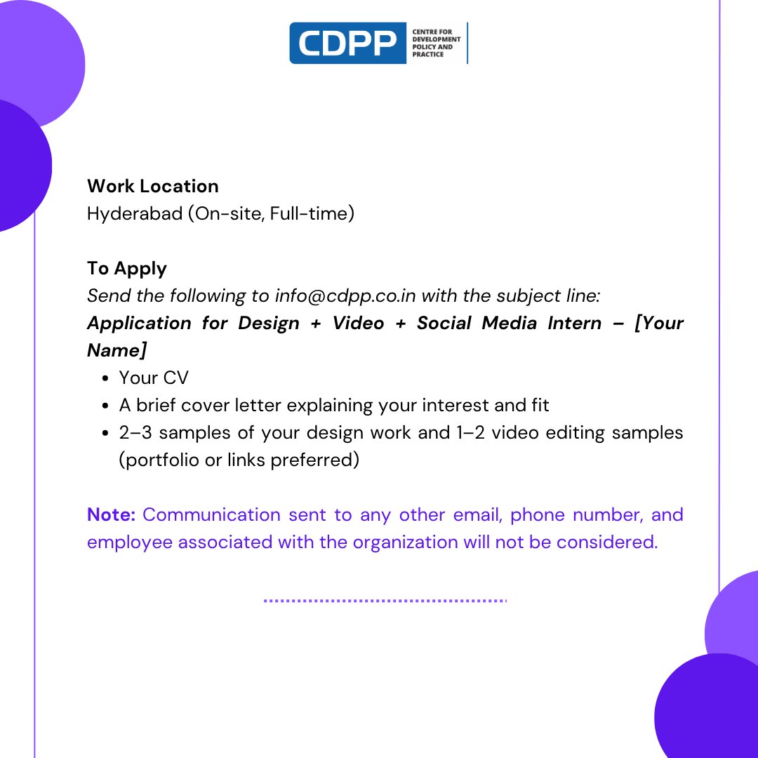 Centre for Development Policy and Practice (@cdpp_india) on Twitter photo #InternshipAlert
<a href="/cdpp_india/">Centre for Development Policy and Practice</a> is hiring a Communications Intern in Hyderabad!
Design | Video | Social Media | 6 weeks | On-site
Apply by June 25: info@cdpp.co.in
#CommunicationsInternship #DesignJobs #VideoEditing #PublicPolicy #SocialMediaInternship #HyderabadJobs #InternshipAlert
<a href="/cdpp_india/">Centre for Development Policy and Practice</a> is hiring a Communications Intern in Hyderabad!
Design | Video | Social Media | 6 weeks | On-site
Apply by June 25: info@cdpp.co.in
#CommunicationsInternship #DesignJobs #VideoEditing #PublicPolicy #SocialMediaInternship #HyderabadJobs