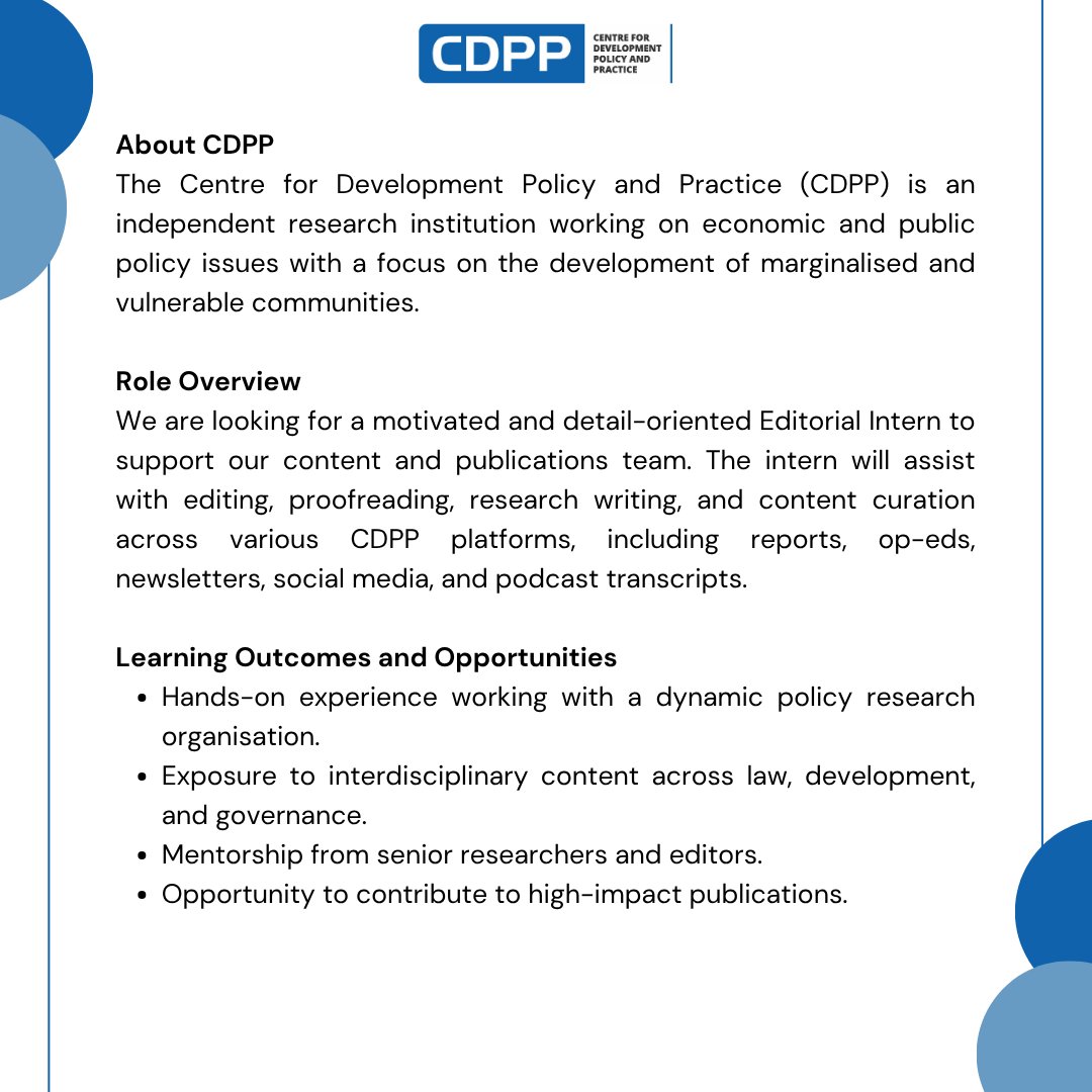 cdpp_india's tweet image. #InternshipAlert

CDPP is hiring an Editorial Intern in Hyderabad! 6-week on-site role.

Apply by June 30: info@cdpp.co.in

#EditorialInternship #CDPP #PublicPolicy #HyderabadJobs
