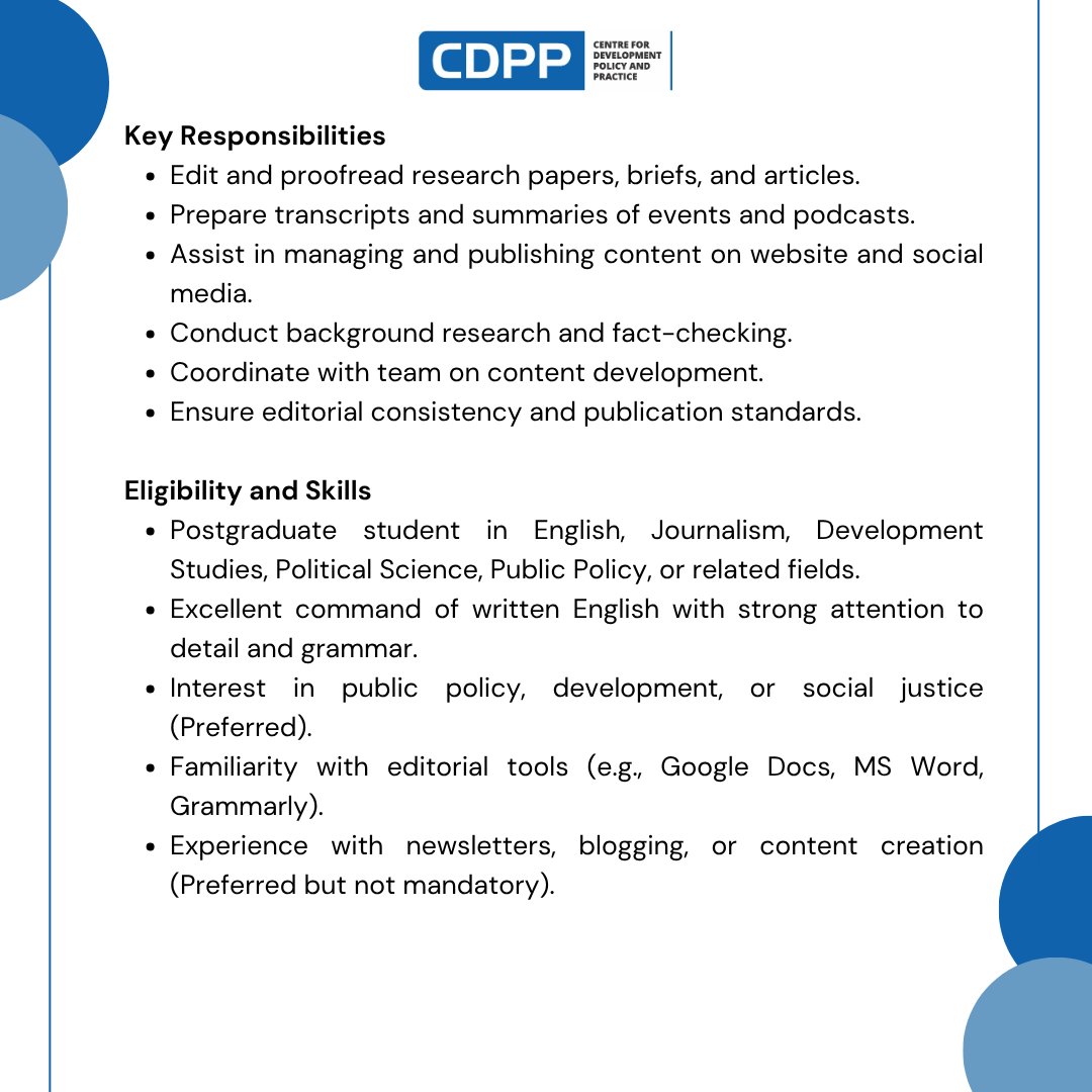 cdpp_india's tweet image. #InternshipAlert

CDPP is hiring an Editorial Intern in Hyderabad! 6-week on-site role.

Apply by June 30: info@cdpp.co.in

#EditorialInternship #CDPP #PublicPolicy #HyderabadJobs