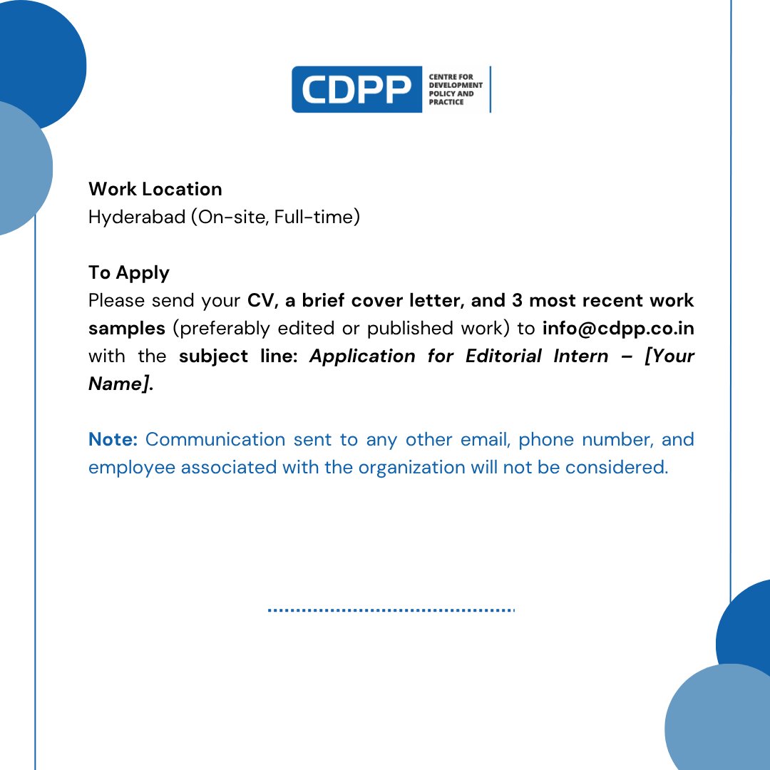 Centre for Development Policy and Practice (@cdpp_india) on Twitter photo #InternshipAlert
CDPP is hiring an Editorial Intern in Hyderabad! 6-week on-site role.
Apply by June 30: info@cdpp.co.in
#EditorialInternship #CDPP #PublicPolicy #HyderabadJobs #InternshipAlert
CDPP is hiring an Editorial Intern in Hyderabad! 6-week on-site role.
Apply by June 30: info@cdpp.co.in
#EditorialInternship #CDPP #PublicPolicy #HyderabadJobs