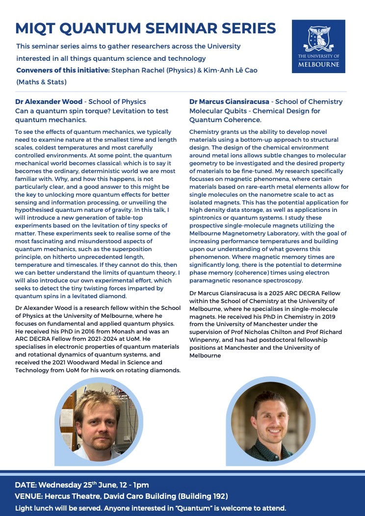 School of Chemistry | University of Melbourne (@chemistryuom) on Twitter photo Dr Marcus Giansiracusa <a href="/mjgians/">Dr Marcus Giansiracusa</a> <a href="/ChemistryUoM/">School of Chemistry | University of Melbourne</a> will be speaking at the MIQT Quantum Seminar (organised by Physics and Maths & Stats) next Wednesday on the 25th June - More info below 👇 Dr Marcus Giansiracusa <a href="/mjgians/">Dr Marcus Giansiracusa</a> <a href="/ChemistryUoM/">School of Chemistry | University of Melbourne</a> will be speaking at the MIQT Quantum Seminar (organised by Physics and Maths & Stats) next Wednesday on the 25th June - More info below 👇