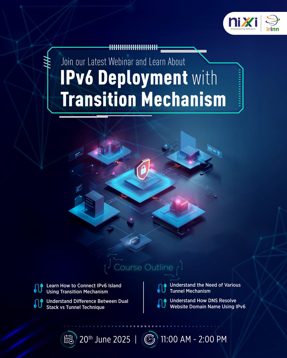 inregistry's tweet image. Still figuring out how to bridge IPv4 and IPv6?
This webinar will guide you through transition mechanisms, tunneling strategies, DNS handling &amp;amp; more.

Join the experts live and enhance your understanding.Hurry!

Link: nixi1.webex.com/nixi1/j.php?MT…

#IPv6Deployment #IPAddress #Webinar