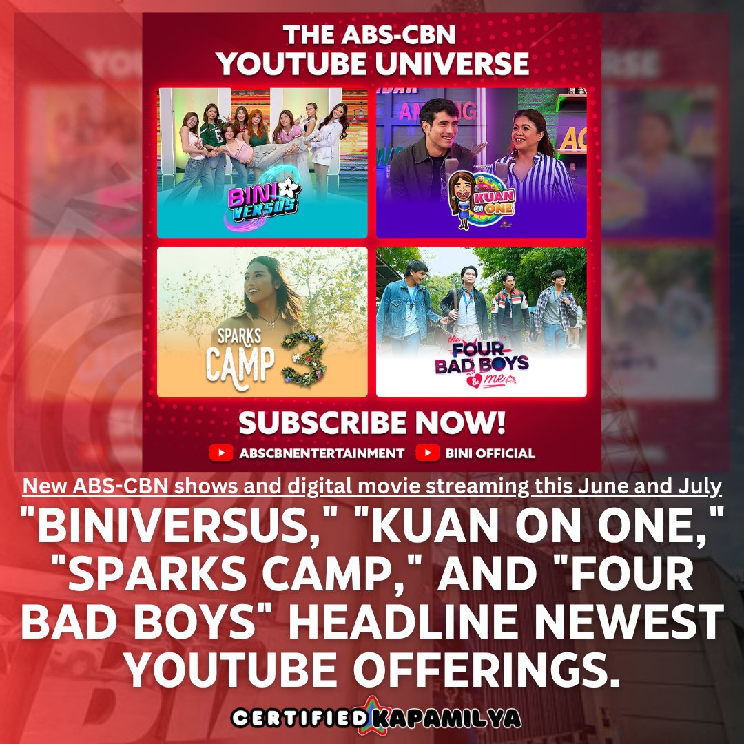 Certified Kapamilya (@certkap) on Twitter photo ABS-CBN YouTube, handog ang palabas ng BINI at ang pagbabalik ng "Kuan On One" at "Sparks Camp"
ANJI AT GELO, MAGPAPAKILIG SA BAGONG ONLINE MOVIE NA “THE FOUR BAD BOYS AND ME”
via <a href="/ABSCBNpr/">ABS-CBN PR</a>
Hitik sa kilig ang handog ng ABS-CBN YouTube sa paglunsad ng bagong tambalan nina Anji ABS-CBN YouTube, handog ang palabas ng BINI at ang pagbabalik ng "Kuan On One" at "Sparks Camp"
ANJI AT GELO, MAGPAPAKILIG SA BAGONG ONLINE MOVIE NA “THE FOUR BAD BOYS AND ME”
via <a href="/ABSCBNpr/">ABS-CBN PR</a>
Hitik sa kilig ang handog ng ABS-CBN YouTube sa paglunsad ng bagong tambalan nina Anji