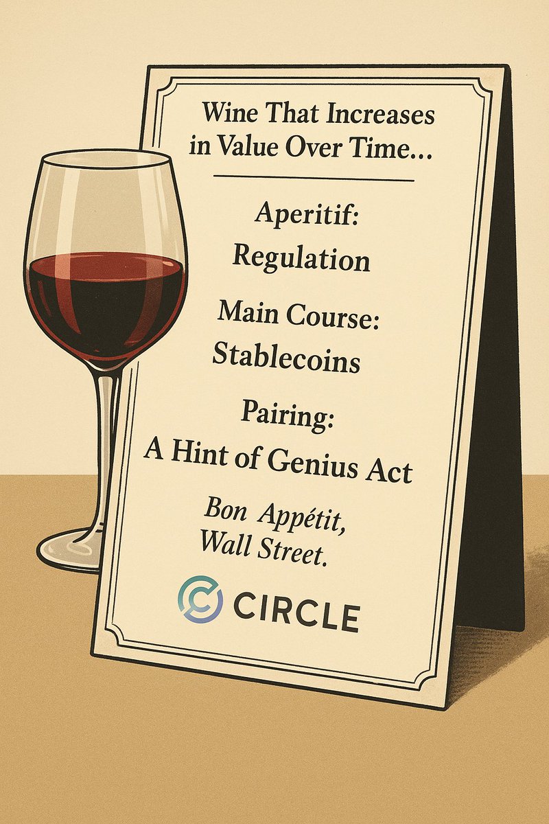 Buenísimos días

Hay vinos que suben de valor con el tiempo… y luego está Circle, que ha hecho un 5x antes de que el corcho toque la mesa

En el menú de hoy:
Entrada: regulación.
Plato fuerte: stablecoins.
Maridaje: un toque de ley Genius.

Bon appétit, Wall Street.
