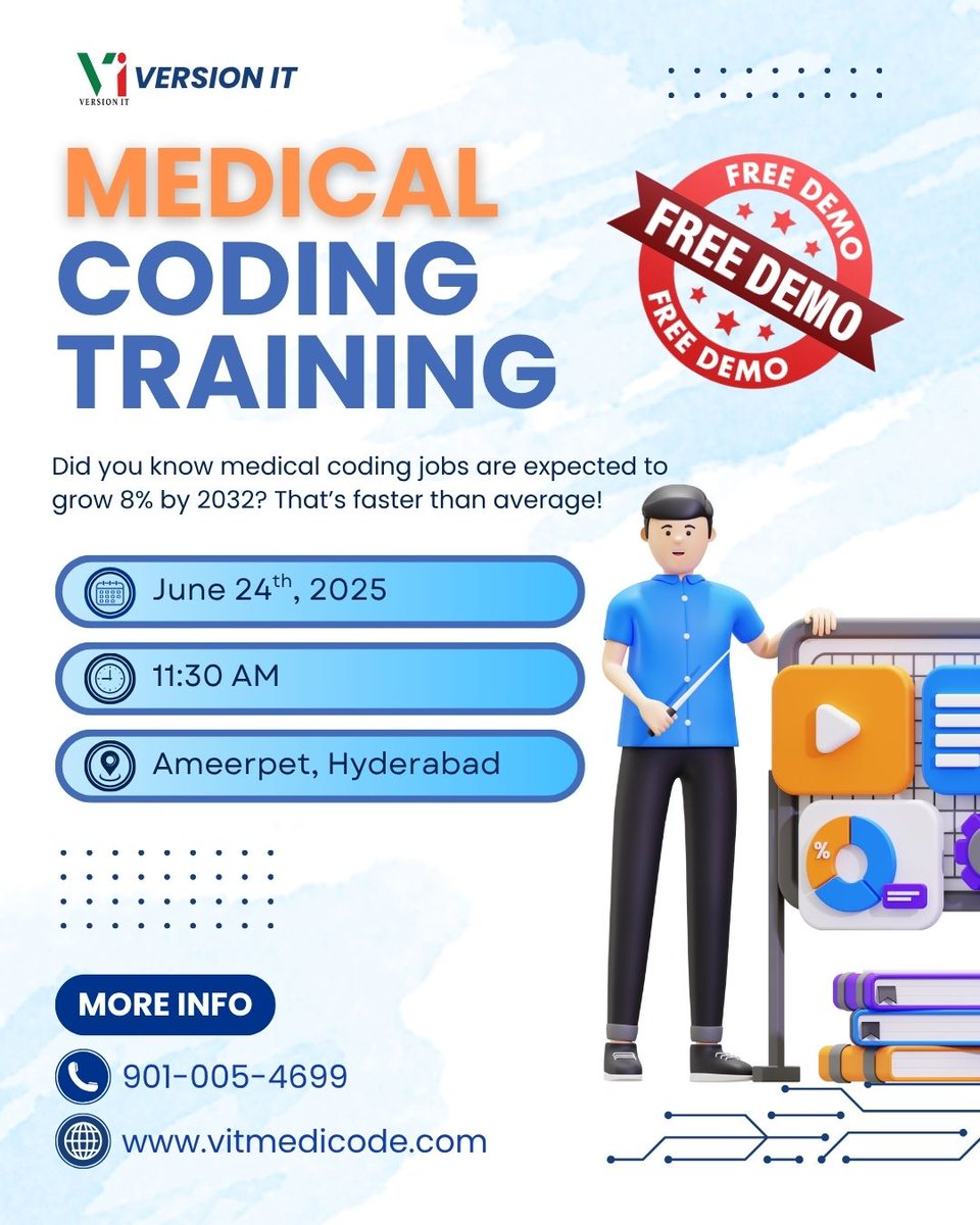 vit_medicode's tweet image. 📊 Did you know?
Medical coding jobs are projected to grow 8% by 2032!
Why?
✅ An aging population
✅ Increased demand for healthcare services
✅ A growing need for accurate health data

🎯Free Demo Session
📅 Date: June 24, 2025
🕥 Time: 11:30 AM
📞 Call: +91 9010054699

#coding