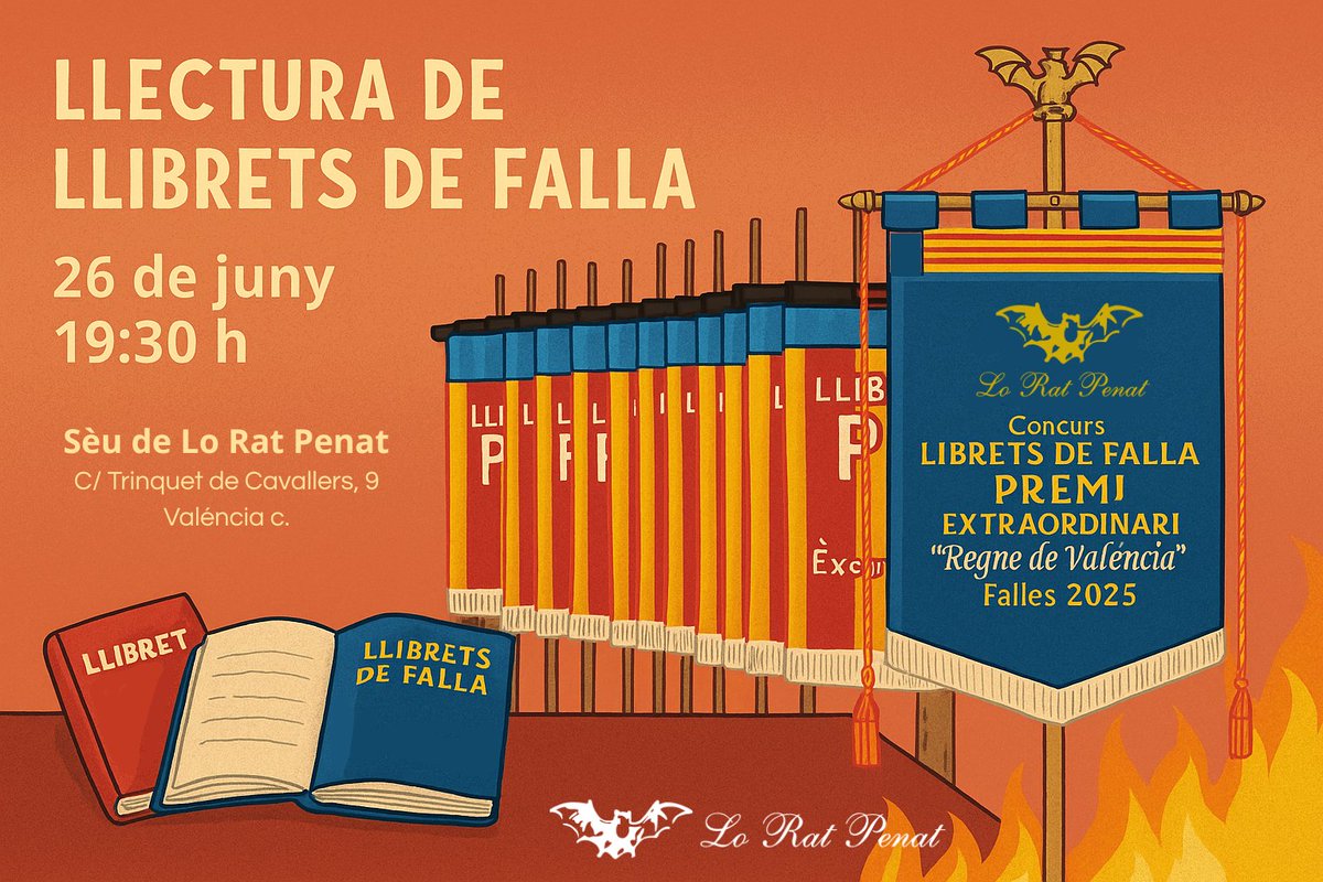 🔥📚Lo Rat Penat celebrarà l'acte de Llectura de Llibrets de Falla premiats en la presència de la Regina dels Jocs Florals i de la Fallera Major de Valéncia

🦇Lo Rat Penat celebrarà el pròxim dijous 26 de juny a les 19:30 hores, en el Saló Constantí Llombart de la seua sèu