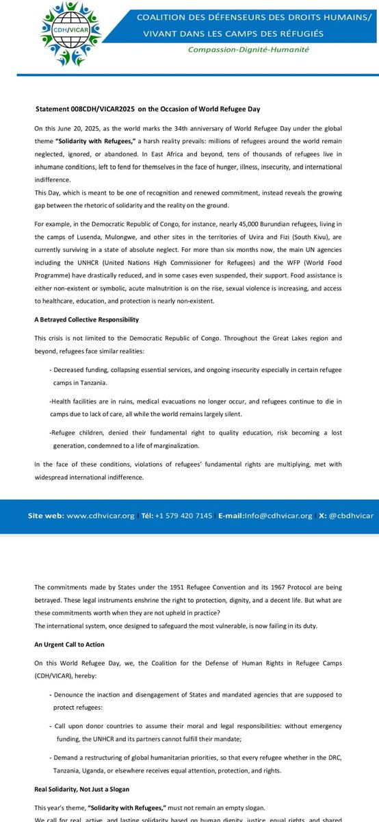 cdh/vicar (@cbdhvicar) on Twitter photo On this #WorldRefugeeDay2025, @cdhvicar raises the alarm over the neglect of refugees in East Africa.
-Aid cuts from UNHCR & WFP 
- Forgotten camps in Tanzania
 -Children denied education
-  Dignity and rights violated
Etc.
 We call for real, active solidarity  not empty On this #WorldRefugeeDay2025, @cdhvicar raises the alarm over the neglect of refugees in East Africa.
-Aid cuts from UNHCR & WFP 
- Forgotten camps in Tanzania
 -Children denied education
-  Dignity and rights violated
Etc.
 We call for real, active solidarity  not empty