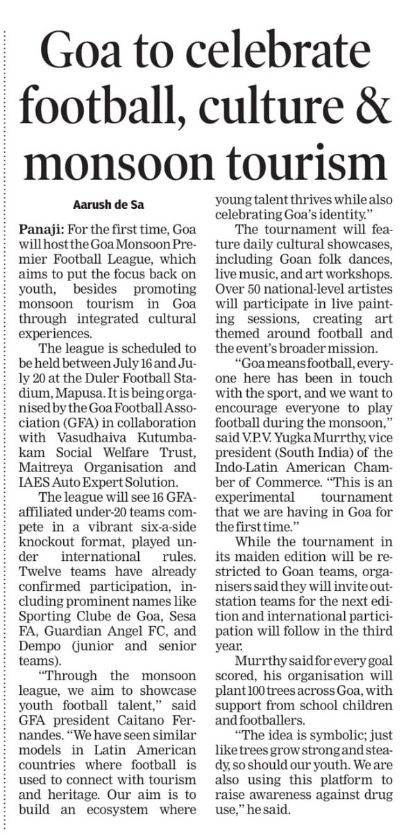 AARUSH (@afcaarush) on Twitter photo “Goa to celebrate football culture and monsoon tourism”
GFA are hosting the inaugural season of Goa Monsoon Premier Football League - promoting monsoon tourism and youth football in Goa through integrated cultural experiences.
Byline #2 | <a href="/MarcusMergulhao/">Marcus Mergulhao</a> “Goa to celebrate football culture and monsoon tourism”
GFA are hosting the inaugural season of Goa Monsoon Premier Football League - promoting monsoon tourism and youth football in Goa through integrated cultural experiences.
Byline #2 | <a href="/MarcusMergulhao/">Marcus Mergulhao</a>