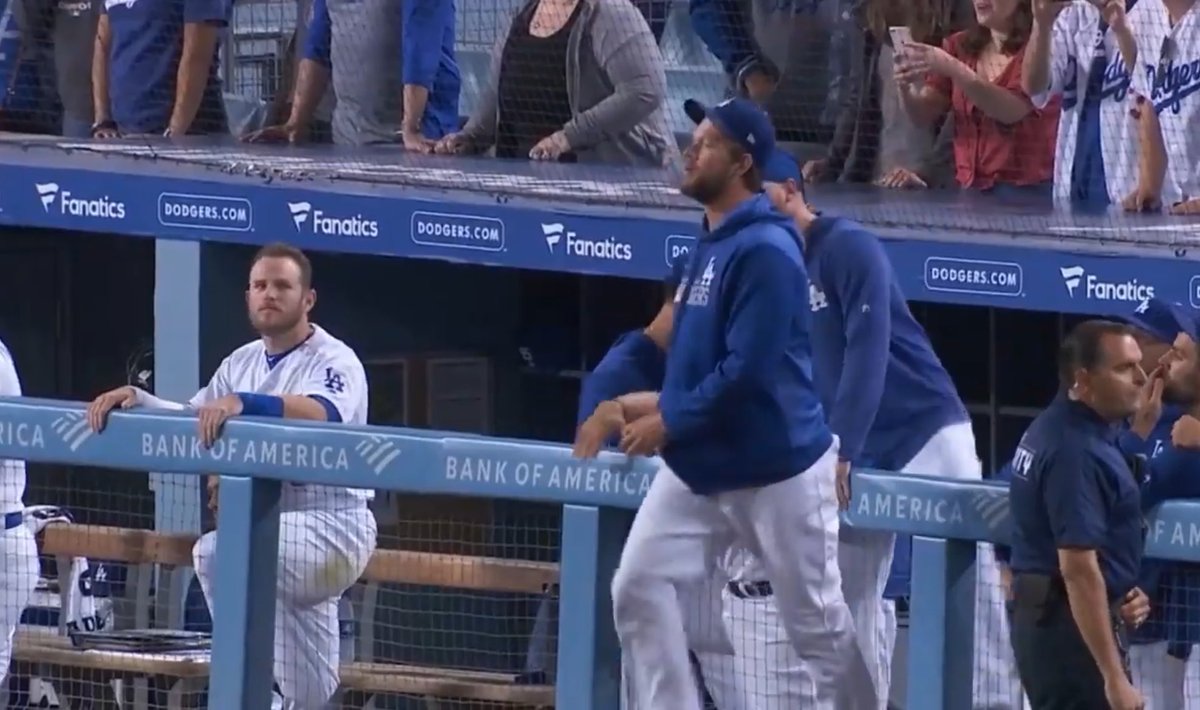 Cintistic's tweet photo. One thing about Clayton Kershaw, he will always be the first mf to jump that barrier when benches clear https://t.co/9XNFy6pBSl