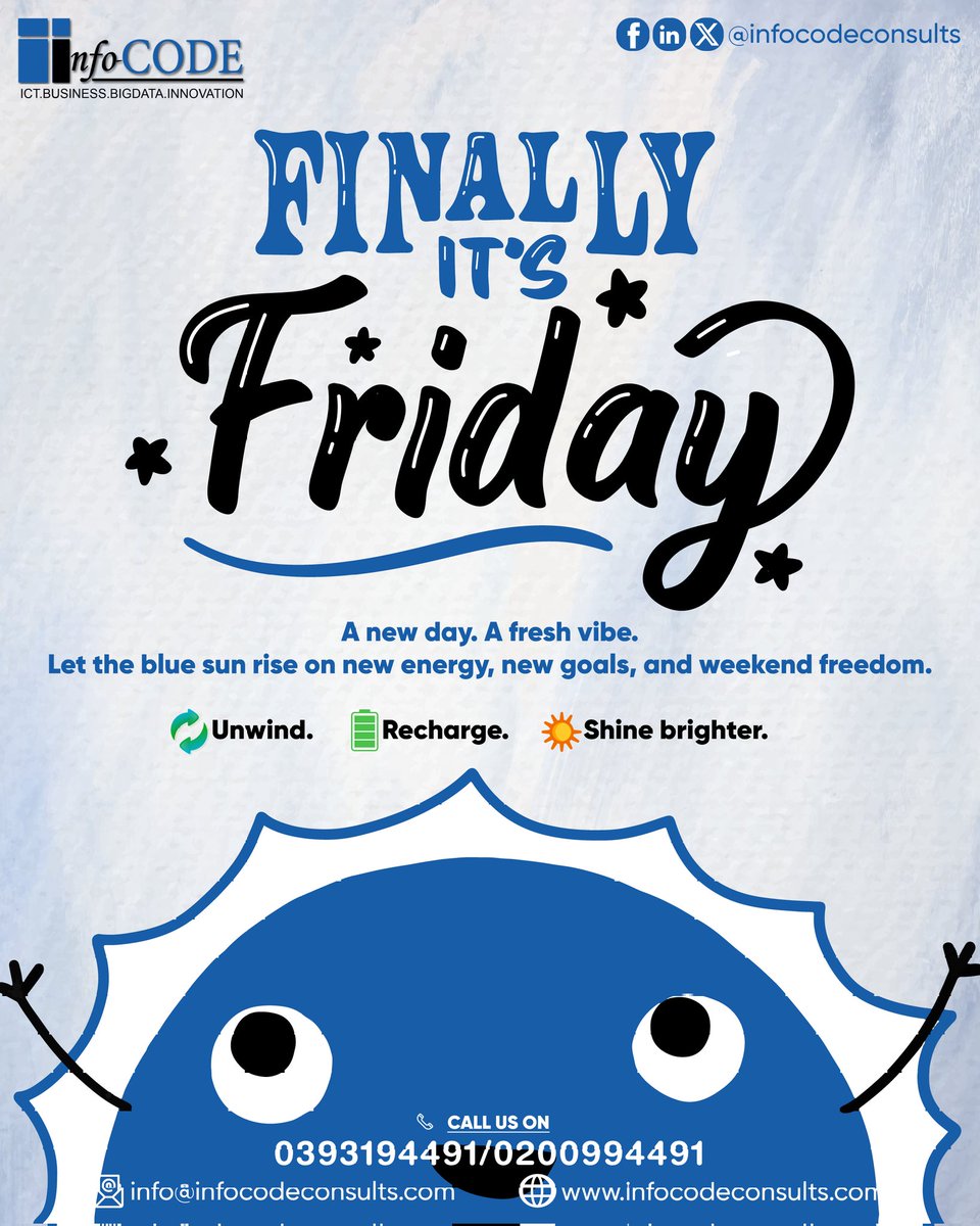 Info-Code Consults Ltd (@consultscode) on Twitter photo ๐ Finally, it's Friday!
Time to:
โป๏ธ Unwind
๐ Recharge
๐ Shine brighter!
Let the blue sun rise on fresh goals and good vibes.
๐ infocodeconsults.com
๐ฉ info@infocodeconsults.com
#weekendmood #FridayVibes ๐ Finally, it's Friday!
Time to:
โป๏ธ Unwind
๐ Recharge
๐ Shine brighter!
Let the blue sun rise on fresh goals and good vibes.
๐ infocodeconsults.com
๐ฉ info@infocodeconsults.com
#weekendmood #FridayVibes