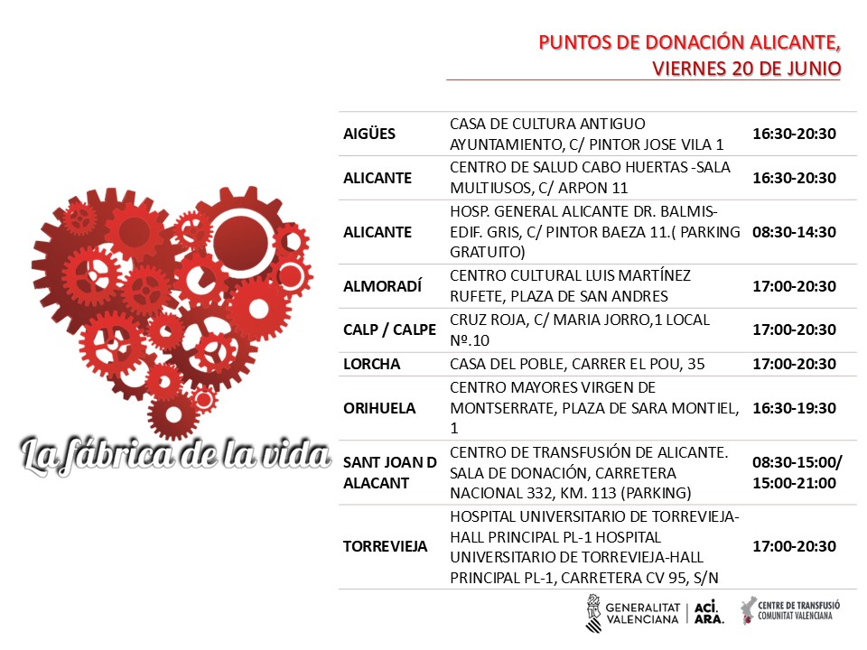 Puntos de donación #Alicante
📅viernes #20Junio

Donar sangre de forma regular garantiza la disponibilidad de componentes sanguíneos en los hospitales.

#DonaSangre #DonaPlasma.
Únete a La Fábrica de la vida❤️