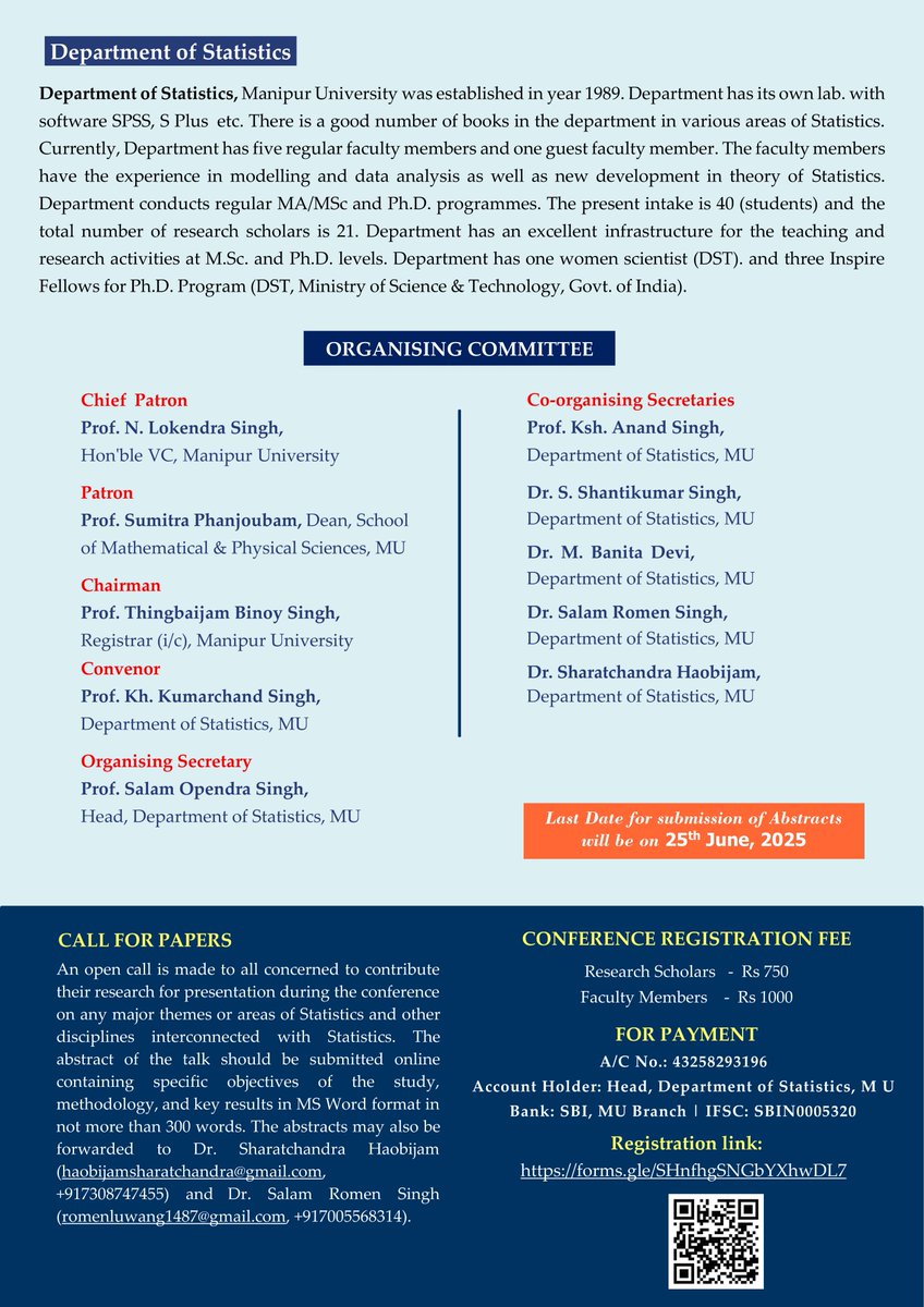 📊 One Day National Conference
 Harnessing Statistics for Inclusive &amp; Sustainable Development
🗓️ 29th June 2025
📍 Dept. of Statistics, #ManipurUniversity
In observance of National Statistics Day 2025
A multidisciplinary dialogue for a better tomorrow! #StatisticsDay #Sustainable