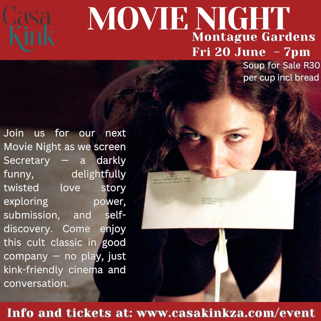 It's movie night.  What's better on a winter night than a cup of soup, a great movie and like-minded company.  If you've never been to a kink event, this is the least scary event there is.  Info and tickets at casakinkza.com/event and at the door. #BDSM #MovieNight #Secretary