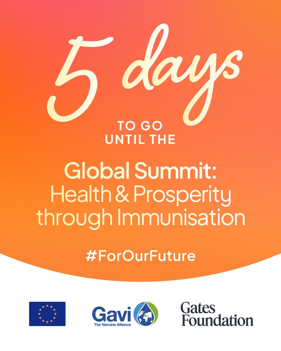 gavi's tweet image. 🗓️ 5 DAYS TO GO 🗓️ 

We’re just 5 days from the Global Summit: Health &amp;amp; Prosperity through Immunisation. 500 million children protected and 8–9 million lives saved through 2030... Success is in reach with the right support. #ForOurFuture