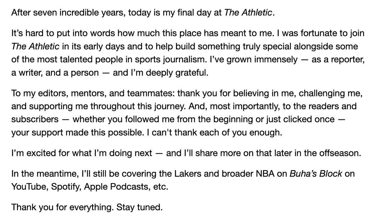 Some personal news: After seven incredible years, today is my final day at The Athletic.