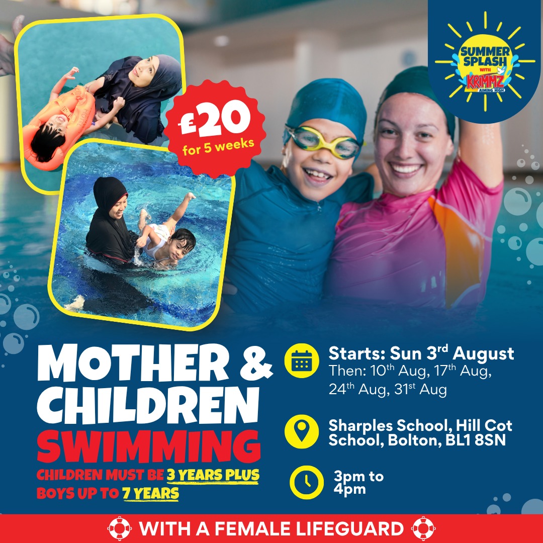 Mother &amp; Children Swim Sessions 🏊‍♀️👩‍👧‍👦

Our Mother &amp; Children Swimming sessions are back - just £20 for 5 weeks!

📅 Starts Sunday 3rd August (then weekly)
🕒 3pm–4pm
📍 Sharples School, BL1 8SN
👶 Ages: Children 3+, boys up to age 7
