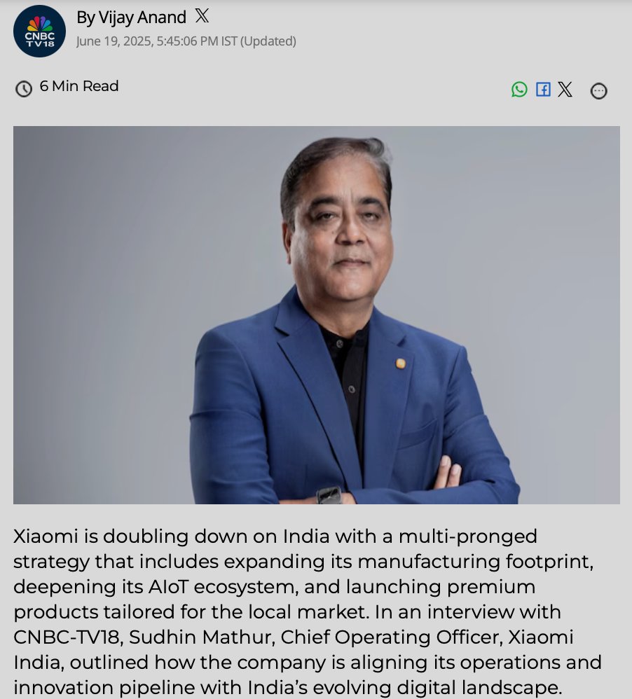 mathursudhin's tweet image. Interaction with @knvanand for @CNBCTV18News where I talk about Xiaomi India's strategy going forward and how we are planning to hero and achieve the target we have set for the next 10 years.
cnbctv18.com/technology/exc…